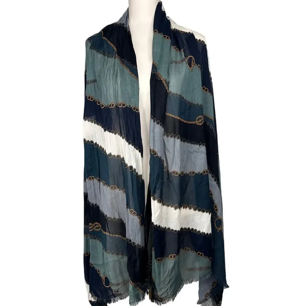 Oversized Navy Teal Chain Print Scarf Wrap Shawl Lightweight Fringe